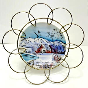 Vtg RELCO Round Flower Gold Wire Frame Hand Painted Plate Japan Hanging Stand 7”